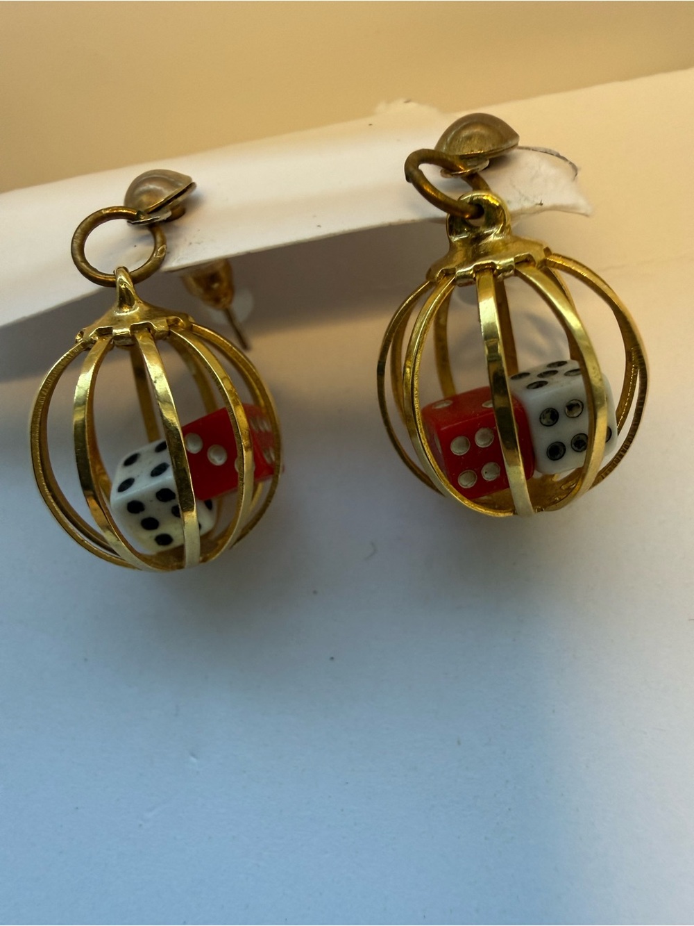Vintage Gold Caged Dice Pierced Threaded Post Earrings Mid Century Casino